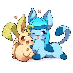  absurdres animal_focus blue_eyes blue_fur blue_sclera blush brown_fur brown_sclera colored_sclera commentary english_commentary glaceon green_fur heart highres leaf leafeon looking_at_viewer no_humans one_eye_closed open_mouth pokemon pokemon_(creature) pokemon_focus sevi_(seviyummy) smile tail yellow_fur 