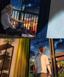  2boys balcony barefoot belt black_belt black_pants blonde_hair book bookshelf bottle brown_hair can checkered_clothes cityscape clouds collared_shirt colored_tips contemporary curtains earrings eggplant facing_away falling_leaves food from_behind hanafuda_earrings hashimoto_(yanagi-momo) holding holding_can holding_food holding_vegetable implied_yaoi indoors jewelry kamado_tanjirou kimetsu_no_yaiba leaf long_hair male_focus multicolored_hair multiple_boys necktie night open_window pants plant potted_plant railing red_hair red_necktie rengoku_kyoujurou shirt short_hair short_sleeves sitting sky sleeves_rolled_up socks split_screen standing star_(sky) starry_sky streaked_hair t-shirt two-tone_hair utility_pole vegetable white_shirt window 