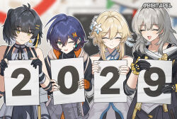  2029 4girls bare_shoulders belle_(zenless_zone_zero) bibitapel black_coat black_gloves black_hair blue_hair closed_eyes closed_mouth coat commentary crossover earrings facing_viewer failure female_rover_(wuthering_waves) fingerless_gloves flower genshin_impact gloves green_eyes grey_hair hair_between_eyes hair_flower hair_ornament hairclip highres holding honkai:_star_rail honkai_(series) hood hooded_jacket jacket jewelry letter_hair_ornament long_hair looking_at_viewer lumine_(genshin_impact) multiple_girls one_eye_closed open_clothes open_coat open_mouth orange_gloves parallel_hairclips partially_fingerless_gloves rover_(wuthering_waves) short_hair single_glove smile stelle_(honkai:_star_rail) trailblazer_(honkai:_star_rail) trait_connection twitter_username wuthering_waves yellow_eyes zenless_zone_zero 