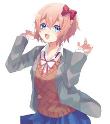  1girl blue_eyes blue_sky blush bow collared_shirt commentary_request cowboy_shot doki_doki_literature_club doki_doki_literature_club_school_uniform eyelashes grey_jacket hair_between_eyes hair_bow hands_up jacket long_sleeves mixed-language_commentary muno_beam neck_ribbon open_clothes open_jacket open_mouth orange_sweater_vest orange_vest pink_hair red_bow red_ribbon ribbon sayori_(doki_doki_literature_club) school_uniform shirt short_hair simple_background sky smile solo sweater_vest vest white_background white_shirt 