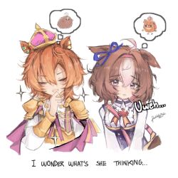  2girls ahoge animal_ears animalization armor bag between_breasts bird blue_dress blush breasts brown_hair cape closed_eyes crown doktahzaki double-parted_bangs dress ear_ribbon english_text hair_between_eyes hairband headband highres horse_ears horse_girl large_breasts long_sleeves looking_at_viewer medium_hair meisho_doto_(turbulent_blue)_(umamusume) meisho_doto_(umamusume) mini_crown multicolored_hair multiple_girls open_mouth orange_hair pink_cape pink_crown pink_hairband pink_headband recursive_animalization sheep shirt short_hair shoulder_armor shoulder_bag simple_background smile speech_bubble strap_between_breasts t.m._opera_o_(o_sole_suo!)_(umamusume) t.m._opera_o_(umamusume) thought_bubble two-tone_hair umamusume violet_eyes white_background white_hair white_shirt wings 
