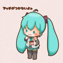  1girl absurdres ahoge aqua_eyes aqua_hair chibi chibi_only closed_mouth commentary_request full_body hatsune_miku highres holding_matchstick long_hair matches sh1n_chan solo standing twintails vocaloid wavy_mouth 