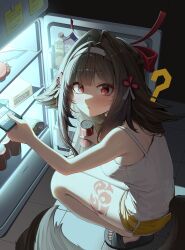  1girl ? absurdres bare_arms black_slippers blunt_bangs blush bow brown_hair camisole can dolphin_shorts dot_nose from_above full_body hair_bow hair_flaps hair_intakes hair_ornament hairband highres holding holding_can holding_phone indoors leg_tattoo long_hair looking_at_viewer phone red_bow red_eyes refrigerator sagatin short_shorts shorts sidelighting sidelocks slippers solo squatting sticky_note tattoo thighs tile_floor tiles ye_shunguang yellow_shorts zenless_zone_zero 