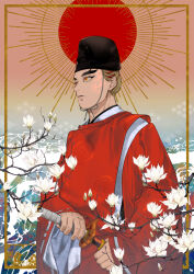  1boy alternate_costume alternate_hairstyle black_hat blonde_hair border branch closed_mouth cowboy_shot floral_print flower from_side hashimoto_(yanagi-momo) hat holding holding_sword holding_weapon inset_border japanese_clothes kariginu katana kimetsu_no_yaiba kimono long_sleeves looking_to_the_side male_focus multicolored_eyes multicolored_hair red_eyes red_hair red_kimono rengoku_kyoujurou sheath sheathed solo standing streaked_hair sun sword tate_eboshi two-tone_hair unsheathing updo upper_body water weapon white_flower wide_sleeves yellow_eyes 