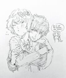  1boy 2girls ;t blush bow closed_mouth commentary doki_doki_literature_club english_commentary flying_sweatdrops greyscale hair_bow hatching_(texture) hfsean2 highres hug hug_from_behind long_hair long_sleeves monika_(doki_doki_literature_club) monochrome multiple_girls neck_ribbon nervous_smile one_eye_closed ponytail pout protagonist_(doki_doki_literature_club) ribbon sayori_(doki_doki_literature_club) short_hair sidelocks simple_background smile speech_bubble sweat traditional_media white_background 