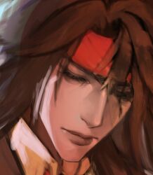  1boy black_hair close-up closed_eyes closed_mouth collared_shirt commentary_request eyelashes final_fantasy final_fantasy_vii hair_between_eyes headband highres korean_commentary lips long_hair male_focus portrait red_headband shirt solo upper_body vegaressi vincent_valentine white_shirt 