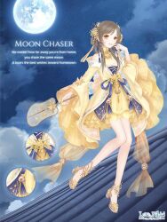  1girl ankle_flower anklet artist_request bare_legs bare_shoulders bell blue_ribbon brown_hair character_name chinese_clothes close-up clouds collared_dress copyright_logo dot_nose double_bun dress english_text eyelashes finger_to_mouth flower footwear_flower frilled_sleeves frills full_body full_moon hair_bun hair_flower hair_ornament hair_rings hand_fan happy high_heels holding holding_fan jewelry light_blush lipstick logo long_hair long_sleeves makeup mandarin_collar miracle_nikki moon moon_chaser_(miracle_nikki) nikki_(series) no_shoes official_art on_rooftop osmanthus parted_lips pleated_dress pumps ribbon robe shoes sidelocks sleeveless sleeveless_dress solo standing tareme third-party_source tuanshan waist_ribbon wide_sleeves yellow_dress yellow_eyes yellow_flower yellow_lips yellow_robe yellow_shoes 