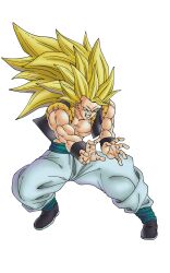  1boy black_vest blonde_hair commentary cropped_vest dragon_ball dragon_ball_daima dragon_ball_z english_commentary full_body galick_gun gogeta green_eyes highres lawliet_artt long_hair male_focus metamoran_vest muscular no_eyebrows no_shirt open_clothes open_vest pants solo spiky_hair super_saiyan super_saiyan_3 vest white_pants 