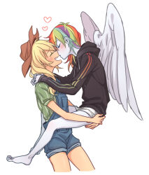  2girls alternate_costume applejack applejack_(equestria_girls) barefoot black_hoodie blonde_hair blue_overalls blue_skin blush carrying carrying_person closed_eyes colored_skin commentary couple cowboy_hat dcon_34 flat_chest freckles hat hood hoodie imminent_kiss laughing long_hair low-tied_long_hair multicolored_hair multiple_girls my_little_pony my_little_pony:_equestria_girls my_little_pony:_friendship_is_magic orange_skin overalls personification rainbow_dash rainbow_dash_(equestria_girls) rainbow_hair simple_background smile white_background yuri 