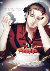  1boy aged_up asahiacenumber3 azumane_asahi birthday_cake brown_eyes brown_hair cake closed_mouth collared_shirt english_commentary facial_hair food food_on_face goatee_stubble haikyuu!! hand_on_own_face highres looking_at_viewer male_focus red_shirt shadow shirt short_hair solo strawberry_cake stubble twitter_username upper_body 