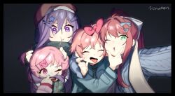 4girls artist_name black_border blue_jacket blush border bow bright_pupils brown_hair brown_hat closed_eyes doki_doki_literature_club green_eyes green_scarf grey_background grey_sweater hair_bow hair_ornament hairpin hand_on_another's_face hand_up hands_up happy hat high_ponytail hinaten holding_another's_hair jacket large_bow long_hair long_sleeves monika_(doki_doki_literature_club) multiple_girls natsuki_(doki_doki_literature_club) one_eye_closed open_mouth pink_bow pink_eyes pink_hair pink_jacket plaid_clothes plaid_scarf ponytail purple_hair sayori_(doki_doki_literature_club) scarf short_hair short_twintails simple_background smile square_pupils star_(symbol) star_hair_ornament sweater symbol-shaped_pupils tongue tongue_out twintails upper_body violet_eyes white_bow white_pupils wide_sleeves x_hair_ornament yuri_(doki_doki_literature_club) 