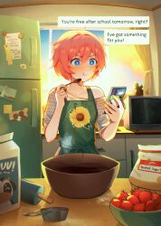  +_+ 1girl :t absurdres alternate_costume apron baking batter blue_eyes blush bowl brand_name_imitation cactus cellphone chain character_sticker commentary curtains doki_doki_literature_club drawer drink_carton english_commentary english_text eyelashes food food_on_clothes fruit green_apron hair_between_eyes hair_intakes highres holding holding_phone holding_spoon indoors kitchen magnet measuring_cup microwave milk_carton mixing_bool phone photo_(object) pink_hair plant pokemon potted_plant powdered_sugar refrigerator refrigerator_magnet rolling_pin sayori_(doki_doki_literature_club) second-party_source shirt short_hair single_bare_shoulder sink smartphone snorlax solo spoon star_(symbol) sticker strawberry striped_clothes striped_shirt text_messaging upper_body widvnhak window 