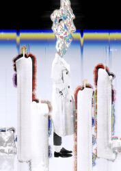  1boy black_pants censored censored_identity coat from_side glitch hands_in_pockets highres kim_dokja male_focus omniscient_reader's_viewpoint open_clothes open_coat pants solo standing tix_0314 white_coat 