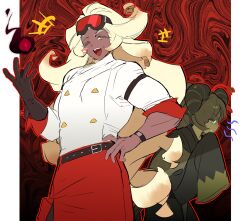  +++ 1boy 1girl ;d abstract_background back-to-back bad_id bad_twitter_id belt black_background black_dress blonde_hair blush_stickers bright_pupils brown_belt brown_gloves brown_hair brown_horns butter_roll_cookie buttons clenched_teeth cookie_run cookie_run:_kingdom cowboy_shot dark-skinned_female dark-skinned_male dark_skin double-breasted dress gloves goggles goggles_on_head gradient_background hand_on_own_chin hand_on_own_hip hand_up highres horns humanization jacket long_hair long_sleeves looking_at_viewer matcha_cookie ohta_guk_hip one_eye_closed open_mouth outline outside_border pillarboxed profile red-tinted_eyewear red_background red_outline red_skirt sideways_mouth single_blush_sticker single_glove skirt sleeves_past_fingers sleeves_past_wrists smile standing studded_belt sweatdrop teeth three-quarter_sleeves tinted_eyewear tongue two-tone_background upper_teeth_only v-shaped_eyebrows very_long_hair watch watch white_jacket white_pupils wide_sleeves yellow_eyes 