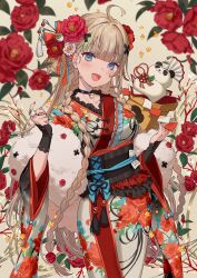  1girl :d absurdres ahoge black_choker blonde_hair blue_eyes blurry blurry_background blush braid breasts camellia choker collarbone commentary cross_hair_ornament falling_flower falling_petals fang floral_print flower fur-trimmed_kimono fur_trim hair_flower hair_ornament hair_ribbon hairpin highres indie_virtual_youtuber japanese_clothes jewelry kimono long_hair looking_at_viewer medium_breasts obi petals print_kimono red_flower ribbon ring sash second-party_source smile solo stuffed_animal stuffed_panda stuffed_toy tassel toggles twin_braids very_long_hair white_flower wide_sleeves yayamugi_(vtuber) yellow_flower yutsumoe 