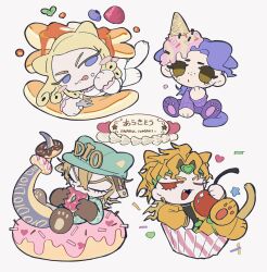  4boys animal_ears blonde_hair blue_eyes cat_boy cat_ears cherry chibi cupcake curly_hair dessert diego_brando dio_brando doughnut fangs food freckles fruit full_body funny_valentine green_headband hair_rings hat headband heart_headband highres ice_cream jojo_no_kimyou_na_bouken male_focus messy_hair multiple_boys naru_tomaki pale_skin purple_hair simple_background sprinkles twitter_username vampire vinegar_doppio white_background 