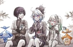  1boy 2girls ahoge aranara_(genshin_impact) ararycan_(genshin_impact) armor ascot asymmetrical_gloves black_hair blue_eyes blue_gem blue_hair blunt_ends blush bodysuit bow bridal_gauntlets bright_pupils brooch cake cape cheek_bulge closed_mouth commentary crossed_arms crying crying_with_eyes_open detached_sleeves dress eating english_commentary eyelash_ornament eyelashes eyeliner eyeshadow facing_another flocavenia food furina_(genshin_impact) furisode gem genshin_impact gloves green_hair hair_between_eyes hair_ornament hand_on_another's_shoulder hand_on_own_arm hand_on_own_thigh hat heterochromia highres holding holding_spoon jacket japanese_armor japanese_clothes jewelry kimono kote lapels layered_sleeves leaf leaf_hair_ornament long_hair long_sleeves looking_at_another looking_down makeup mandarin_collar middle_ring mini_hat mini_top_hat mismatched_gloves mismatched_pupils multicolored_hair multiple_girls muted_color nahida_(genshin_impact) open_mouth ouji_fashion pointy_ears purple_pupils red_eyeliner red_eyeshadow scaramouche_(genshin_impact) short_hair short_sleeves shorts shoulder_peek side_ponytail sidelocks sitting smile spoon strawberry_shortcake streaked_hair suit_jacket tears thigh_strap top_hat trembling tsurime twitter_username violet_eyes vision_(genshin_impact) wanderer_(genshin_impact) wavy_hair wavy_mouth white_background white_hair white_kimono white_pupils wispy_bangs 