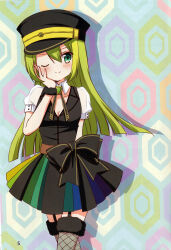  1girl absurdres alina_gray black_hat blunt_ends blush bow cross_tie fur-trimmed_thighhighs fur_cuffs fur_trim gem green_eyes green_gem green_hair hair_between_eyes hat highres magia_record:_mahou_shoujo_madoka_magica_gaiden magical_girl mahou_shoujo_madoka_magica multicolored_hair multicolored_skirt non-web_source oumi_neneha puffy_sleeves scan self-scan short_sleeves side-tie_shirt sidelocks skirt smile solo soul_gem straight_hair streaked_hair striped_clothes striped_skirt thigh-highs vertical-striped_clothes vertical-striped_skirt waist_bow 