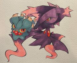  :d closed_mouth colored_sclera colored_skin cp9_zr evolutionary_line full_body highres looking_at_viewer misdreavus mismagius no_humans open_mouth pokemon pokemon_(creature) pokemon_focus purple_skin red_eyes smile yellow_sclera 