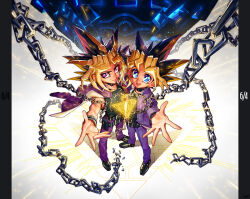  2boys artist_name belt belt_collar black_belt black_collar black_shirt black_shoes blonde_streaks blue_eyes bracelet breaking bright_pupils broken broken_chain chain closed_mouth collar commentary_request dual_persona floating_clothes from_above full_body glowing hari_(quartzshow) jacket jacket_around_neck jewelry light_particles long_sleeves looking_at_viewer looking_up male_focus millennium_puzzle multicolored_hair multiple_belts multiple_boys muto_yugi open_hands open_mouth outstretched_arms pants pillarboxed purple_jacket purple_pants reaching reaching_towards_viewer redrawn shirt shoes short_hair side-by-side sleeveless sleeveless_shirt smile spiky_hair standing streaked_hair studded_belt studded_bracelet teeth two-sided_fabric two-sided_jacket upper_teeth_only violet_eyes white_pupils wrist_belt yami_yugi yu-gi-oh! 