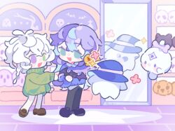  2boys bat_(animal) black_pants black_shoes blue_hair blue_hat bone_hair_ornament brown_shoes chibi flower full-length_mirror full_body green_eyes green_sweater hair_ornament hat heterochromia highres hoshirube_sho indoors long_hair looking_at_another male_focus mirror multicolored_hair multiple_boys murakumo_kagetsu nijisanji open_mouth otomo_(hoshirube_sho) pants purple_hair purple_sweater shelf shoes short_hair shuxingbuming_moxiaobai sleeves_past_wrists smile sparkle streaked_hair sweater violet_eyes virtual_youtuber watakumo_(murakumo_kagetsu) white_hair white_pants witch_hat 