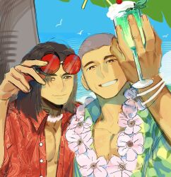 2boys arm_up beach black_hair bracelet brown_eyes buzz_cut closed_mouth cup enopth1102 eyewear_on_head flower flower_necklace food green_shirt grin hashtag-only_commentary hawaiian_shirt highres holding holding_cup ice_cream ice_cream_float jewelry kung_lao lei liu_kang looking_at_viewer male_focus medium_hair mortal_kombat mortal_kombat_(series) multiple_boys muscular muscular_male open_clothes open_shirt pectoral_cleavage pectorals red-tinted_eyewear red_shirt round_eyewear shirt short_hair smile tinted_eyewear very_short_hair