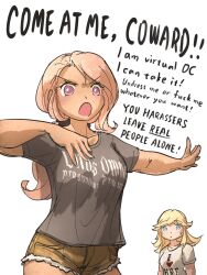  2girls :o black_shirt blonde_hair breasts brown_shorts dark-skinned_female dark_skin english_commentary english_text grey_eyes highres ironlily large_breasts long_hair multiple_girls original ponytail shirt short_shorts short_sleeves shorts sweatdrop 