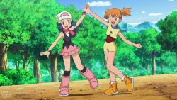  2girls beanie black_shirt black_socks blue_eyes blue_hair blue_sky boots bush clouds day eyelashes forest full_body green_eyes hair_ornament hairclip hat high_five highres hikari_(pokemon) in-franchise_crossover jacket kneehighs long_hair lukas_thadeu misty_(pokemon) multiple_girls nature official_alternate_costume official_style open_mouth orange_boots orange_hair outdoors parody pink_boots pink_skirt pokemon pokemon_(anime) pokemon_dppt_(anime) pokemon_rse_(anime) poketch red_shirt shirt shoes short_sleeves shorts side_ponytail sidelocks skirt sky smile socks standing style_parody third-party_source tree watch watch white_socks yellow_jacket yellow_shorts 