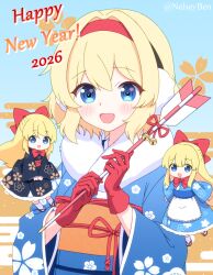  2026 3girls alice_margatroid alternate_costume arrow_(projectile) black_kimono blonde_hair blue_eyes blue_kimono blush bnelsey bow bowtie commentary earmuffs english_commentary floral_print furisode gloves hair_bow happy_new_year holding holding_arrow japanese_clothes kimono long_sleeves looking_at_viewer maid medium_hair multiple_girls obi open_mouth orange_sash paid_reward_available petal_print red_bow red_bowtie red_gloves sash shanghai_doll smile touhou twitter_username wa_maid wide_sleeves 