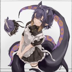  1girl :3 animal_ear_fluff animal_ears apron black_dress blue_eyes capucino_art cat_ears commentary dress frills from_above highres hololive hololive_english legband looking_at_viewer maid maid_apron multicolored_hair ninomae_ina'nis one_eye_closed orange_hair pointy_ears purple_hair simple_background takodachi_(ninomae_ina'nis) tentacle_hair tentacles virtual_youtuber 