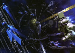  artist_request asteroid cable dra-c gun gundam gundam_0083 gundam_perfect_file highres holding holding_gun holding_weapon machinery magazine_scan male_focus mecha mecha_focus mobile_suit nebula o'neill_cylinder official_art painting_(medium) realistic retro_artstyle rick_dom robot scan scene_reference science_fiction solar_panel space_station star_(sky) thrusters traditional_media weapon zaku_ii zeon 