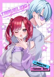  1boy 1girl arm_up blue_eyes blue_hair blue_jacket blush bow-shaped_hair cardigan coco_(lu28_mi) collared_jacket earrings flower_pendant glasses gradient_cardigan grid_background hair_ribbon hashtag highres jacket jewelry long_hair long_sleeves multicolored_hair nagisa_trout nagisa_trout_(2nd_costume) nijisanji off_shoulder one_eye_closed open_mouth parted_bangs pink_background pink_hair purple-tinted_eyewear red_hair ribbon round_eyewear saotome_berry saotome_berry_(2nd_costume) short_hair skirt speciale_(nijisanji) tinted_eyewear tongue tongue_out twintails v violet_eyes virtual_youtuber white_hair white_skirt yawning 