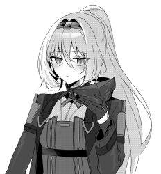  1girl alva_(girls'_frontline_2) an-94_(girls'_frontline) black_gloves black_hairband girls'_frontline_2:_exilium girls_frontline gloves greyscale hair_intakes hairband highres holding holding_mask korean_commentary lemonisblue long_hair long_sleeves mask metal_mask monochrome mouth_mask ponytail simple_background solo tactical_clothes upper_body white_background 