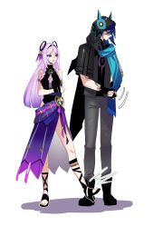  1boy 1girl animal_ears arm_tattoo armlet bat_boy bat_ears black_boots black_cape black_gloves black_jacket black_leotard black_sandals black_shirt black_sleeves black_wrist_cuffs blue_hair blue_scarf blunt_ends boots bow bracelet braid cape citlali_(genshin_impact) cleavage_cutout clothing_cutout commentary_request crossed_arms detached_sleeves facial_mark feather_hair_ornament feathers fingerless_gloves floating_headgear forehead_mark frown full_body gem genshin_impact gladiator_sandals gloves gold gradient_hair grandmother_and_grandson green_gem grey_pants hair_intakes hair_ornament hair_tubes hand_in_pocket hand_on_own_arm hand_tattoo headgear height_difference high_heel_sandals highleg highleg_leotard highres hip_vent hood hooded_jacket jacket jewelry kicking korean_commentary leotard looking_at_another looking_down mandarin_collar multicolored_hair necktie o-ring open_clothes open_jacket open_mouth ororon_(genshin_impact) pants parted_bangs pink_bow pink_feathers pink_hair pink_pupils purple_bow purple_hair purple_necktie purple_sarong purple_sleeves red_eyes ring_hair_ornament sandals sarong scarf shirt short_sleeves side_slit sidelocks single_sleeve standing sugarcanedove tattoo toes triangle triangle_facial_mark turtleneck turtleneck_leotard twin_braids two-tone_bow undershirt vision_(genshin_impact) white_background wrist_cuffs 