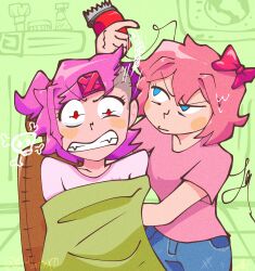  2girls alternate_eye_color angry blue_eyes blush blush_stickers bow chair clenched_teeth closed_mouth commentary cutting_another's_hair cutting_hair doki_doki_literature_club elunityxd english_commentary fangs green_background hair_bow hair_intakes hair_ornament highres holding_hair_clipper multiple_girls natsuki_(doki_doki_literature_club) one_side_up pink_hair pink_shirt red_bow red_eyes redrawn sayori_(doki_doki_literature_club) shirt short_hair short_sleeves single_sidelock skull_and_crossbones t-shirt teeth v-shaped_eyebrows 