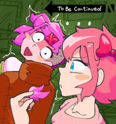  ... 2girls aqua_eyes arrow_(symbol) blush blush_stickers chair closed_mouth collarbone commentary cutting_another's_hair cutting_hair doki_doki_literature_club elunityxd english_commentary english_text eyelashes green_background hair_ornament highres holding_another's_hair looking_back multiple_girls natsuki_(doki_doki_literature_club) one_side_up open_mouth pink_hair sayori_(doki_doki_literature_club) severed_ahir short_hair smile to_be_continued trembling 