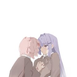  2girls absurdres blazer blush brown_jacket closed_mouth commentary doki_doki_literature_club english_commentary highres jacket long_hair multiple_girls natsuki_(doki_doki_literature_club) nnnnnanashiiii pink_hair purple_hair school_uniform short_hair simple_background violet_eyes white_background yuri yuri_(doki_doki_literature_club) 