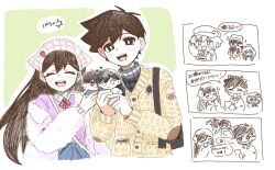  2girls 4boys adjusting_clothes adjusting_headwear alternate_hair_color aubrey_(birthday)_(omori) aubrey_(faraway)_(omori) aubrey_(omori) basil_(birthday)_(omori) basil_(faraway)_(omori) basil_(omori) black_bag black_eyes black_hair blush bright_pupils camera cardigan character_doll closed_eyes doll double-parted_bangs ear_piercing hair_between_eyes hat headscarf hero_(birthday)_(omori) hero_(faraway)_(omori) hero_(omori) hi_hitun holding holding_camera holding_stuffed_toy jacket jewelry kel_(birthday)_(omori) kel_(faraway)_(omori) kel_(omori) kiss kissing_cheek long_hair long_sleeves looking_at_viewer mari_(birthday)_(omori) mari_(faraway)_(omori) mari_(omori) mari_(spirit)_(omori) multiple_boys multiple_girls newsboy_cap official_alternate_costume omori open_clothes open_jacket open_mouth photo_(object) piercing ring short_hair sidelocks smile something_(omori) speech_bubble stuffed_toy sunny_(birthday)_(omori) sunny_(omori) teeth tongue translation_request upper_teeth_only white_cardigan white_headscarf white_jacket white_pupils 