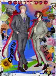  2boys absolut_vodka absurdres alcohol animal animal_ears animal_nose apple axis_powers_hetalia bandaged_neck bandages black_shoes blonde_hair blue_background border bottle brown_eyes brown_hair buttons cellphone character_doll china_(hetalia) chinese_commentary chinese_text cigarette commentary_request crossed_legs doll flip_phone floating_hair flower food formal_clothes fruit full_body grey_jacket grey_pants grey_vest hair_between_eyes hair_ornament hands_in_pockets hat_ornament highres huijin_lu jacket lapels lead_pipe lips long_hair long_sleeves looking_to_the_side lotus low_ponytail male_focus multiple_boys necktie open_clothes open_jacket outside_border panda panda_ears pants phone pink_flower plate ponytail red_necktie rubber_duck russia_(hetalia) russian_text scarf shadow shirt shoes short_hair shrimp sidelocks smoking speech_bubble standing star_(symbol) star_hat_ornament suit suit_jacket sunflower teeth ushanka vest violet_eyes vodka white_border white_scarf white_shirt yellow_flower 