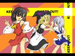  caution_tape cherry_ice cherry_pie dancing ga_rune_pose galaxy_angel hakurei_reimu highres izayoi_sakuya japanese_clothes kirisame_marisa maid miko parody pencilworks touhou witch 