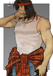 1boy ^^^ black_hair blue_pants casual clothes_around_waist contemporary covering_own_mouth denim enopth1102 flannel headband highres holding holding_tongs jeans jewelry liu_kang looking_back male_focus medium_hair mortal_kombat mortal_kombat_(series) muscular muscular_male necklace pants pectorals red_headband red_shirt shirt shirt_around_waist sidepec solo sweat tank_top tongs white_tank_top