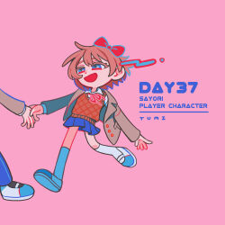  1boy 1girl artist_name blazer blue_eyes blue_shoes blue_skirt bow character_name collared_shirt commentary_request doki_doki_literature_club doki_doki_literature_club_school_uniform english_text eyelashes full_body grey_jacket hair_bow highres holding_hands jacket jep5e kneehighs long_sleeves neck_ribbon open_clothes open_jacket open_mouth orange_sweater_vest orange_vest pink_background pink_hair protagonist_(doki_doki_literature_club) red_bow red_ribbon ribbon sayori_(doki_doki_literature_club) school_uniform shirt shoes short_hair simple_background skirt smile socks solo_focus sweater_vest vest white_shirt white_socks 