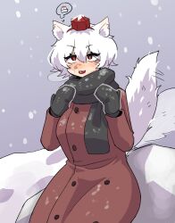  1girl absurdres afterimage alternate_costume animal_ear_fluff animal_ears black_mittens black_scarf blush bowl breath bulletcamera coat commentary cowboy_shot double-parted_bangs food grey_sky hair_between_eyes hat highres inubashiri_momiji long_sleeves mittens motion_lines red_coat red_eyes red_hat scarf shaved_ice short_hair sky smile snow snow_on_tongue snowing speech_bubble spoken_food tail tail_wagging thought_bubble tokin_hat tongue tongue_out touhou white_hair winter_clothes winter_coat wolf_ears wolf_girl wolf_tail 