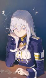  1girl 86_-eightysix- antenna_hair armband belt blue_eyes blue_jacket blush breasts buttons closed_mouth coat colored_eyelashes desk elbow_rest hair_between_eyes hand_on_own_cheek hand_on_own_face hat head_rest highres jacket jewelry long_hair long_sleeves medal medium_breasts military military_combat_uniform military_hat military_jacket military_rank_insignia military_uniform shirt shura_(shu_o0o) simple_background sitting solo steam upper_body very_long_hair vladilena_millize white_belt white_hair 