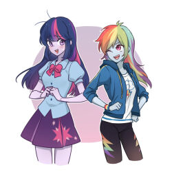  2girls ;d animification antenna_hair blue_jacket blue_shirt blue_skin blunt_bangs blush bow breasts circle colored_skin commentary cropped_legs cutie_mark dcon_34 hood hooded_jacket jacket long_hair medium_breasts multicolored_hair multiple_girls my_little_pony my_little_pony:_equestria_girls my_little_pony:_friendship_is_magic one_eye_closed open_clothes open_jacket personification pink_bow pink_eyes puffy_short_sleeves puffy_sleeves purple_hair purple_skin purple_skirt rainbow_dash rainbow_dash_(equestria_girls) rainbow_hair scene_cut shirt short_sleeves sidelocks simple_background skirt smile standing sweatdrop twilight_sparkle twilight_sparkle_(human) violet_eyes white_background 