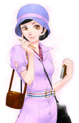  1girl asakura_tae bag belt black_bag black_hair brown_bag brown_eyes buttons devil_summoner:_raidou_kuzunoha_vs_the_soulless_army devil_summoner_(series) dress hat holding holding_notepad looking_at_viewer notepad pencil purple_dress purple_hat short_hair shoulder_bag smile solo tsushima_shuu white_background 