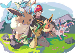  1girl :3 :d absurdres animal_nose black_fur black_hoodie blue_fur blue_hair blue_sclera brown_bag brown_sclera cetacean_tail character_backpack colored_sclera commentary eevee_backpack fang fins fish_tail flareon fluffy full_body glasses head_fins highres hood hoodie leaf leafeon muco multicolored_hair neck_fur on_lap one_eye_closed open_mouth orange_fur outdoors pantyhose penny_(pokemon) pink_fur pokemon pokemon_(creature) pokemon_on_lap pokemon_sv print_pantyhose red_hair ribbon round_eyewear simple_background sitting sleeping smile sylveon tail two-tone_fur two-tone_hair umbreon vaporeon wariza white_fur yellow_fur 