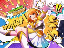  ! !! 1girl clenched_hand cropped_jacket ebisu_tsukasa english_text game_cg gloves headphones jacket kneehighs lightning_bolt_symbol looking_at_viewer official_art open_mouth orange_hair short_hair shoujo_kageki_revue_starlight shoujo_kageki_revue_starlight_-re_live- skirt socks solo star_(symbol) tokusatsu two-tone_skirt violet_eyes western_comics_(style) white_gloves white_skirt white_socks yellow_jacket yellow_skirt 