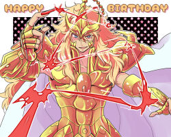  1boy armor blonde_hair blue_eyes energy_beam gauntlets gold_armor gold_cloth gold_helmet gold_saint happy_birthday long_hair looking_at_viewer male_focus nail_polish parted_lips red_nails saint_seiya scorpio_milo single_polished_nail smile solo takayoi upper_body very_long_fingernails 