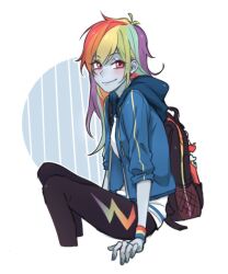  1girl animification backpack bag bag_charm blue_jacket blush breasts charm_(object) colored_skin commentary cropped_legs dcon_34 hood hooded_jacket jacket long_hair looking_at_viewer multicolored_hair my_little_pony my_little_pony:_equestria_girls my_little_pony:_friendship_is_magic open_clothes open_jacket personification pink_eyes rainbow_dash rainbow_dash_(equestria_girls) rainbow_hair shirt simple_background sitting smile solo white_background wristband 